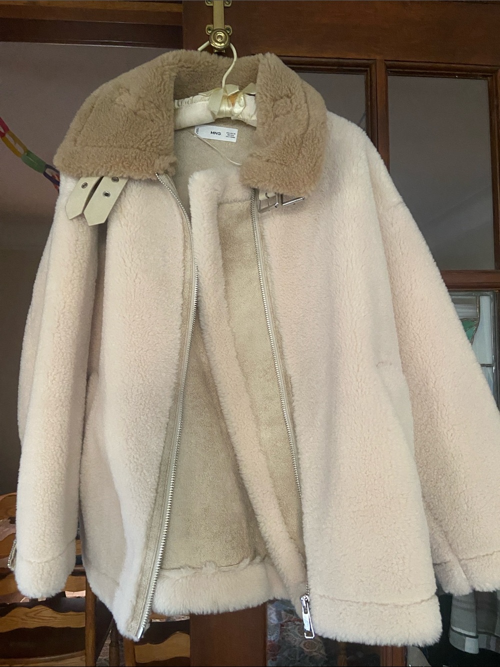 Mango Cream Teddy Shearling Jacket with Tan Collar
